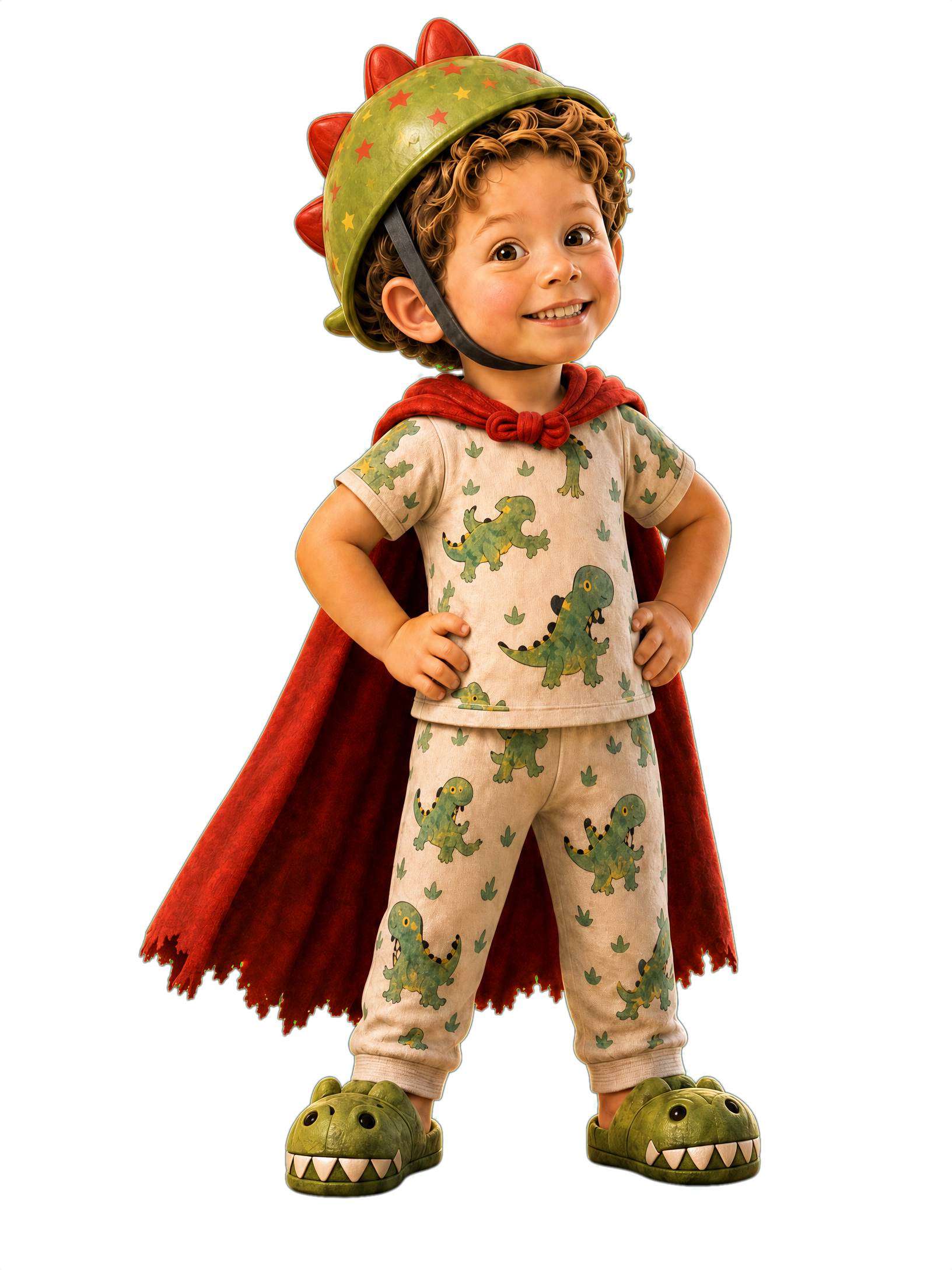 Kai dressed in dinosaur pajamas, a dinosaur helmet, cape, and slippers
